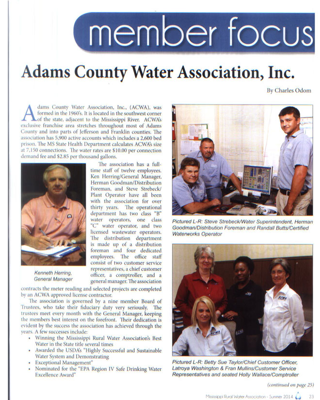 Adams County Water Association Featured in the MS Rural Water Assoc