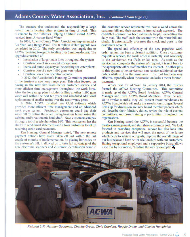 Adams County Water Association Featured in the MS Rural Water Assoc